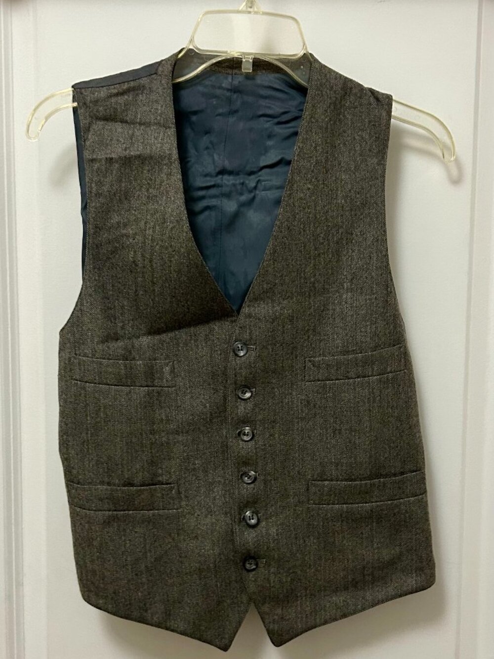 Vintage 1980s Men's 4-Pocket Waistcoat/Vest, Satin Back w/strap, 6 Buttons